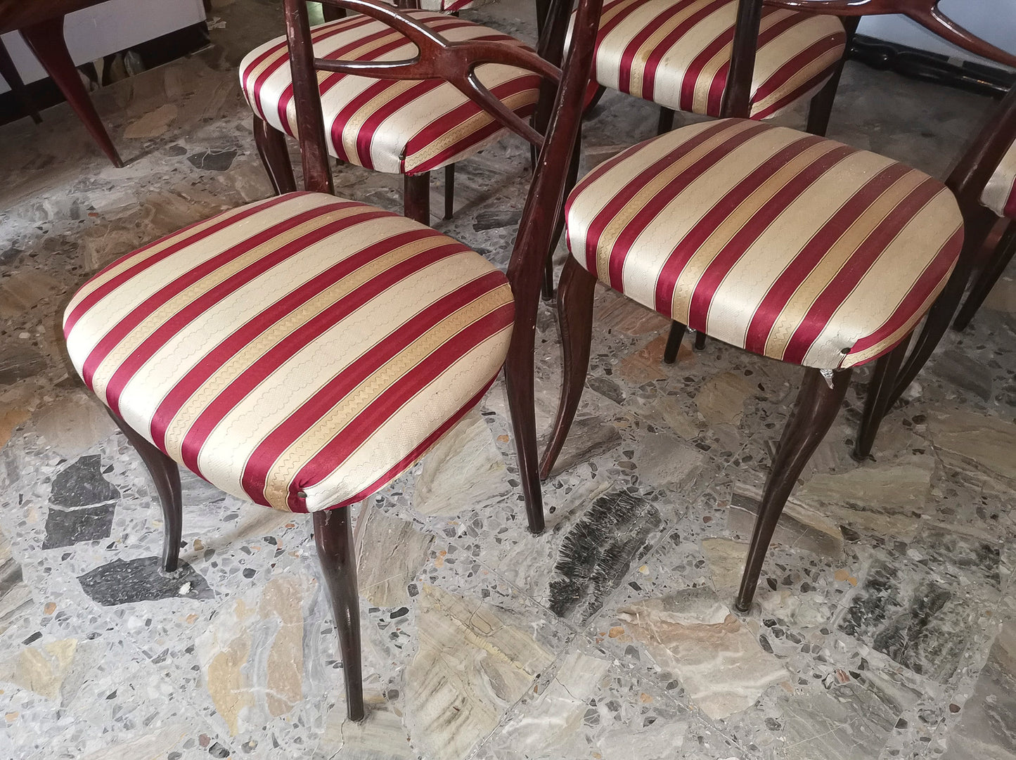 set 6 sedie sedia tessuto bianco panna rosso bordeau legno vintage ben tenute  1960
