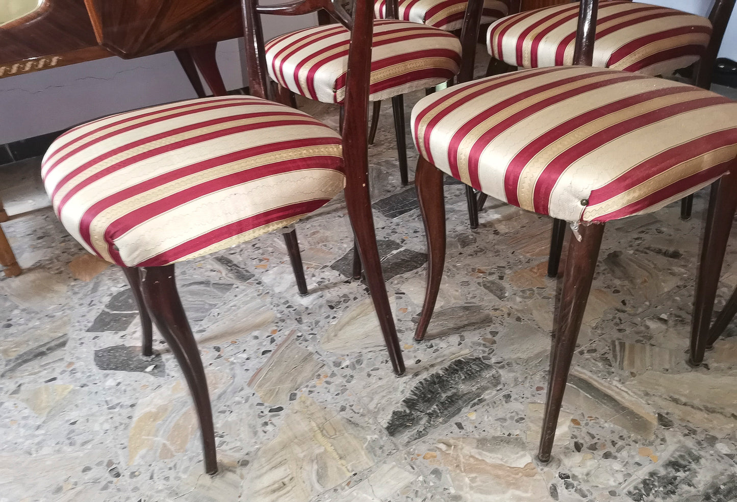 set 6 sedie sedia tessuto bianco panna rosso bordeau legno vintage ben tenute  1960