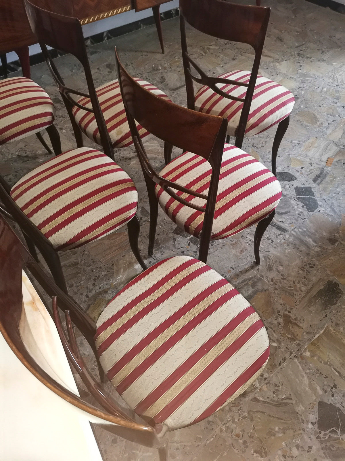 set 6 sedie sedia tessuto bianco panna rosso bordeau legno vintage ben tenute  1960