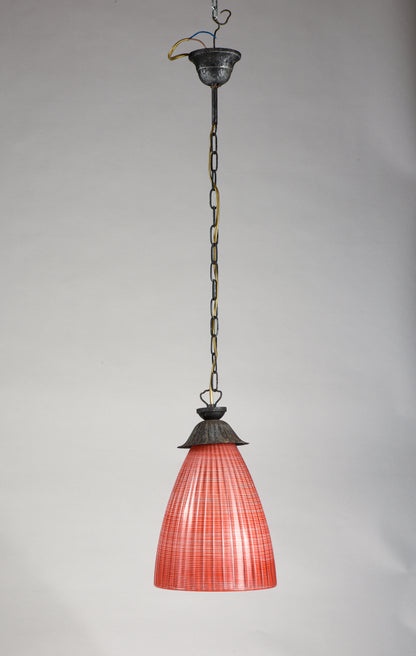 Lampadario vetro rosso corallo striato  Italia 1970