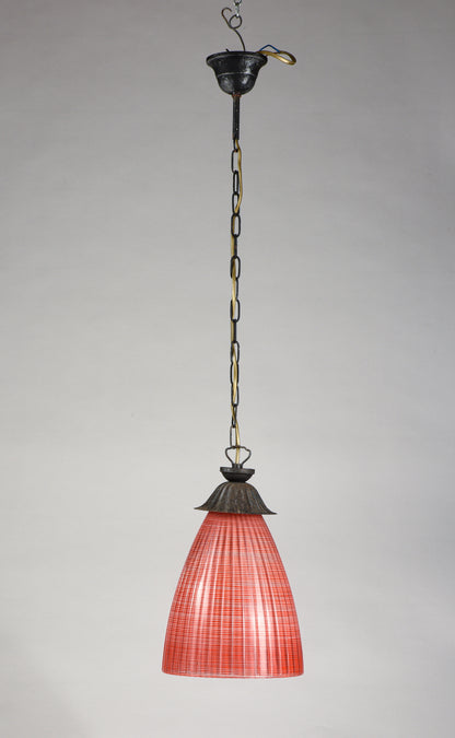 Lampadario vetro rosso corallo striato  Italia 1970