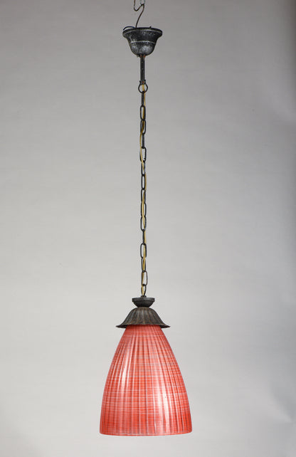 Lampadario vetro rosso corallo striato  Italia 1970