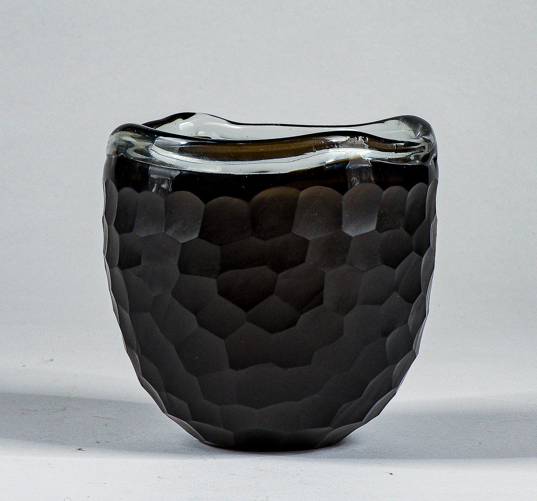 Vaso ciotola nero in vetro Murano smerigliato design a nido d'ape alveare Italia 1960