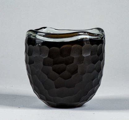 Vaso ciotola nero in vetro Murano smerigliato design a nido d'ape alveare Italia 1960