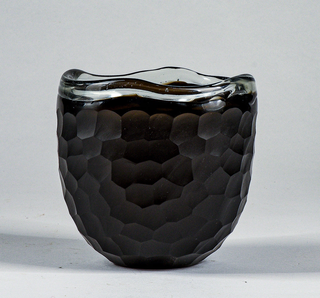 Vaso ciotola nero in vetro Murano smerigliato design a nido d'ape alveare Italia 1960