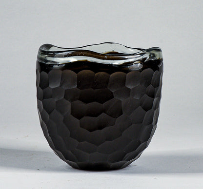 Vaso ciotola nero in vetro Murano smerigliato design a nido d'ape alveare Italia 1960
