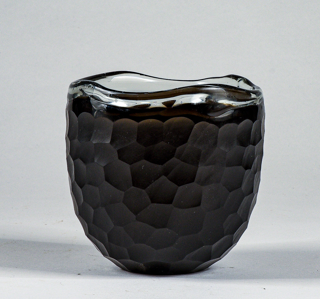 Vaso ciotola nero in vetro Murano smerigliato design a nido d'ape alveare Italia 1960
