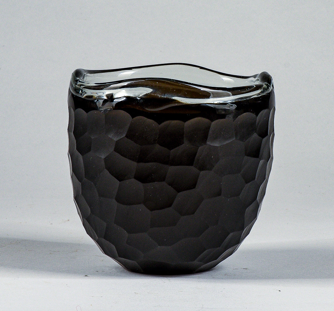 Vaso ciotola nero in vetro Murano smerigliato design a nido d'ape alveare Italia 1960