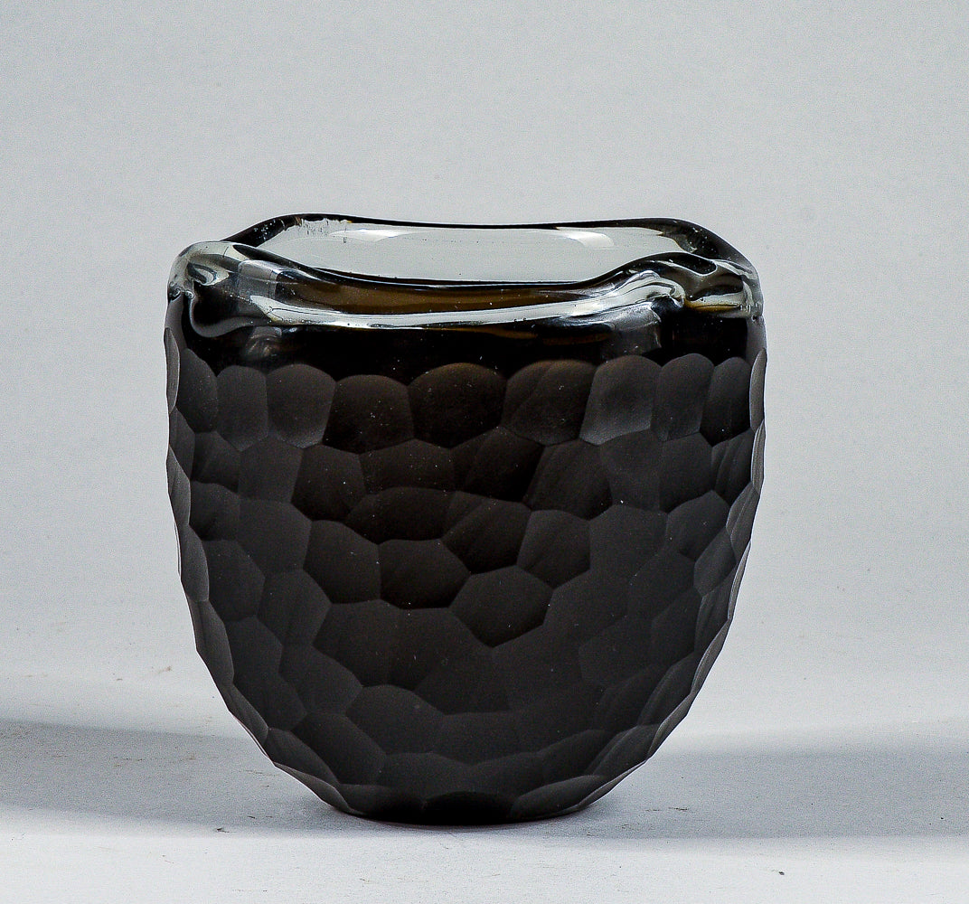 Vaso ciotola nero in vetro Murano smerigliato design a nido d'ape alveare Italia 1960