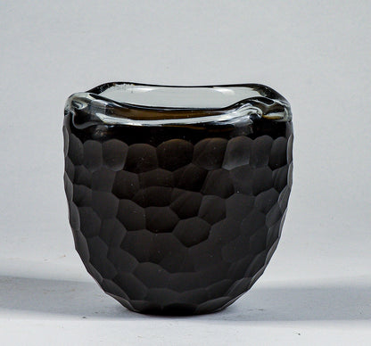 Vaso ciotola nero in vetro Murano smerigliato design a nido d'ape alveare Italia 1960
