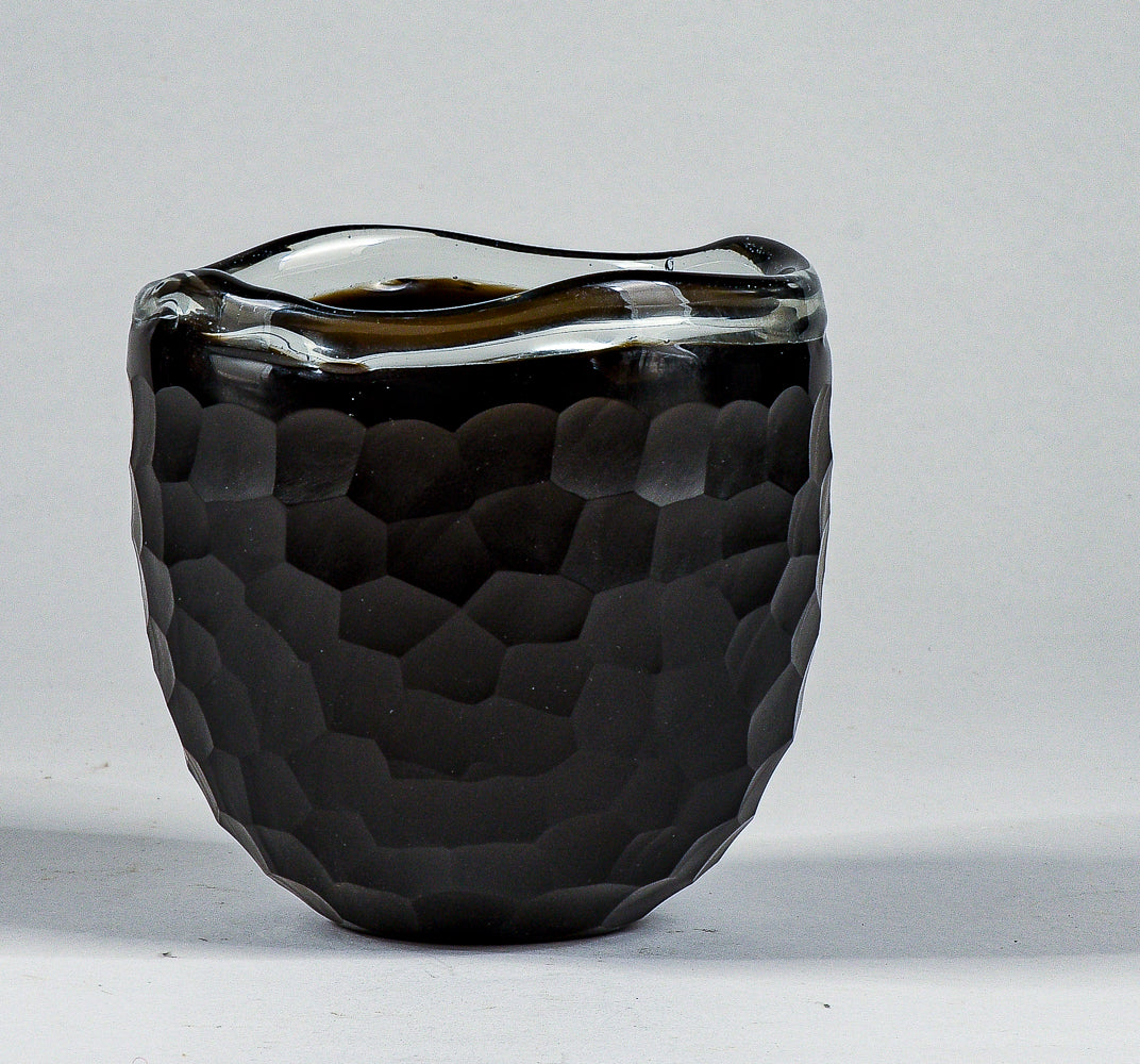 Vaso ciotola nero in vetro Murano smerigliato design a nido d'ape alveare Italia 1960