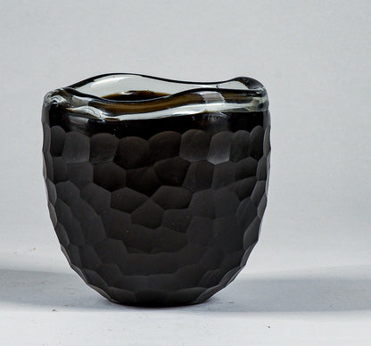 Vaso ciotola nero in vetro Murano smerigliato design a nido d'ape alveare Italia 1960
