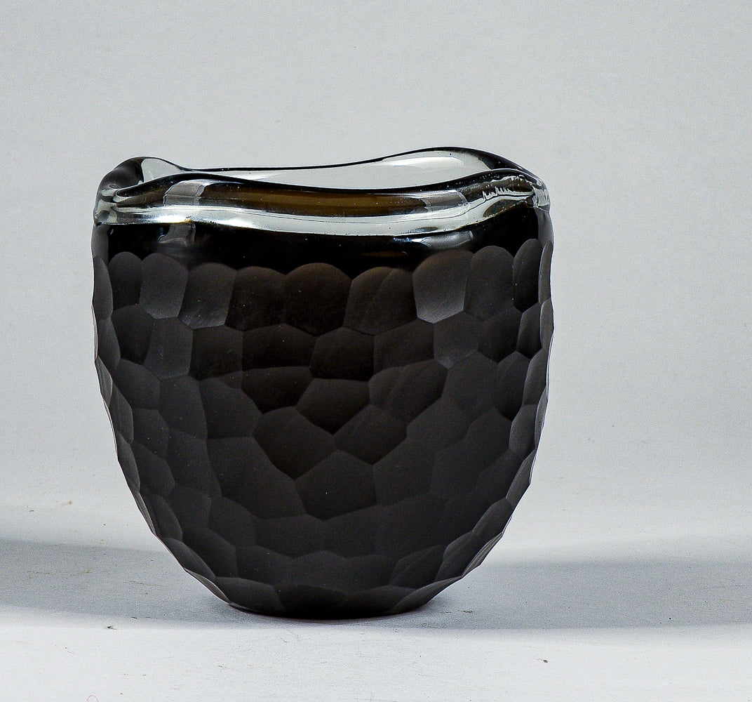 Vaso ciotola nero in vetro Murano smerigliato design a nido d'ape alveare Italia 1960