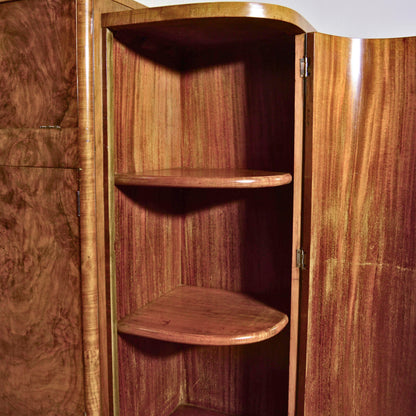 Mobile Bar Art Deco' In Radica Di Noce Pregiata Due Ante Laterali Una Grande Gentrale Inferiore E Una Superiore Anni 30