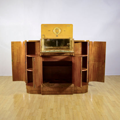 Mobile Bar Art Deco' In Radica Di Noce Pregiata Due Ante Laterali Una Grande Gentrale Inferiore E Una Superiore Anni 30