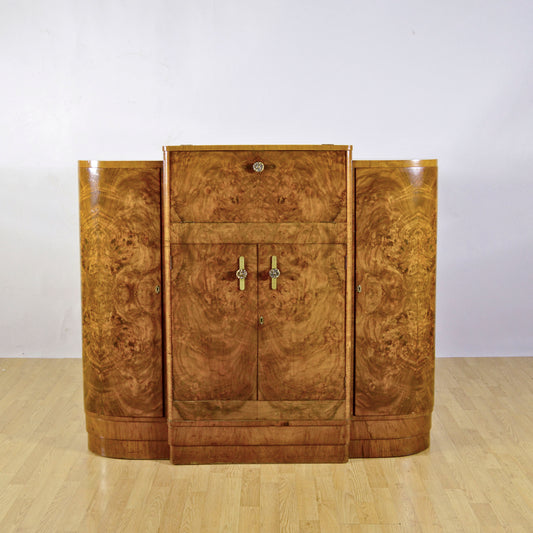 Mobile Bar Art Deco' In Radica Di Noce Pregiata Due Ante Laterali Una Grande Gentrale Inferiore E Una Superiore Anni 30