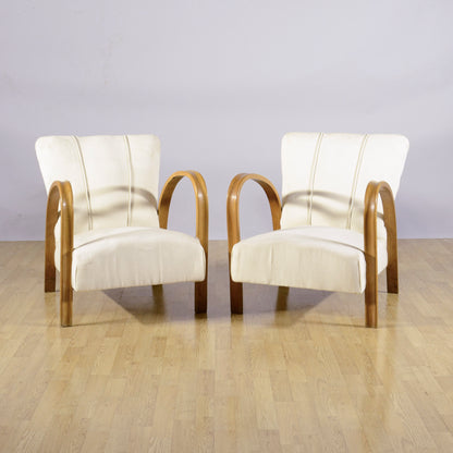 Coppia Poltrona Art Deco Con Braccioli Ricurvi E Imbottite Tessuto Bianco Anni 30