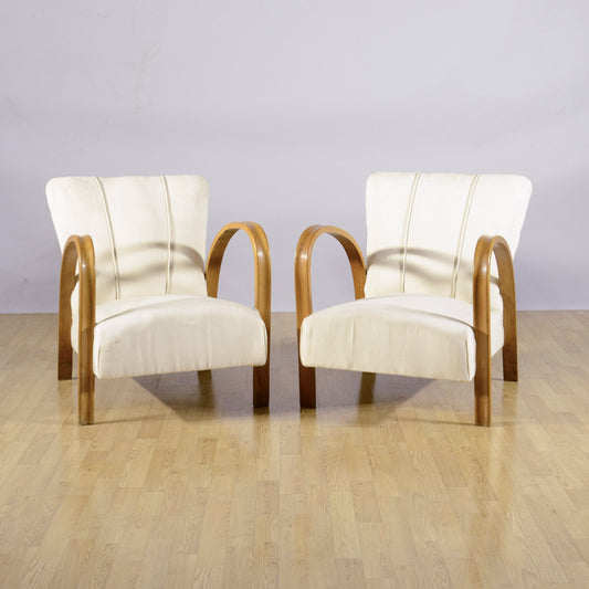 Coppia Poltrona Art Deco Con Braccioli Ricurvi E Imbottite Tessuto Bianco Anni 30