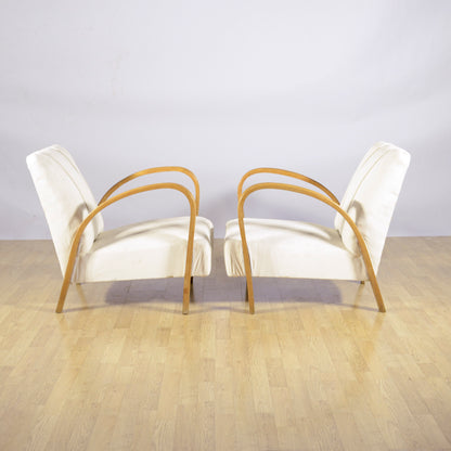 Coppia Poltrona Art Deco Con Braccioli Ricurvi E Imbottite Tessuto Bianco Anni 30