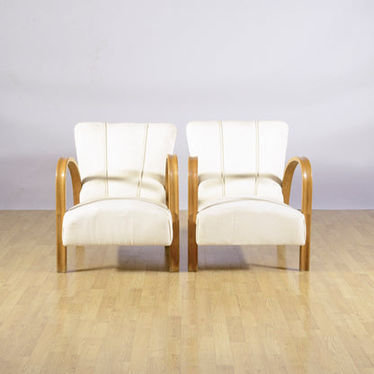 Coppia Poltrona Art Deco Con Braccioli Ricurvi E Imbottite Tessuto Bianco Anni 30