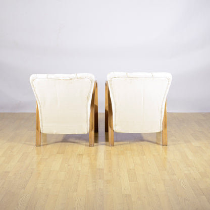 Coppia Poltrona Art Deco Con Braccioli Ricurvi E Imbottite Tessuto Bianco Anni 30