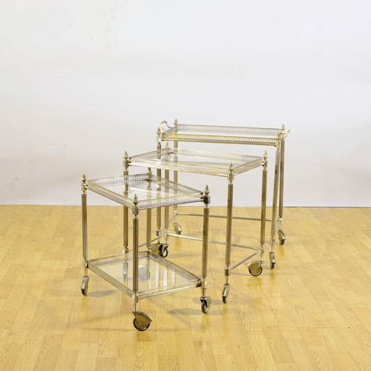 Set 3 Tavolini Da Servizio Stile Luigi XVI Metallo E Vetro Fine 800