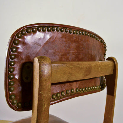 Sedia Girevole Da Ufficio D'epoca In Legno E Pelle Color Cuoio Primi 900