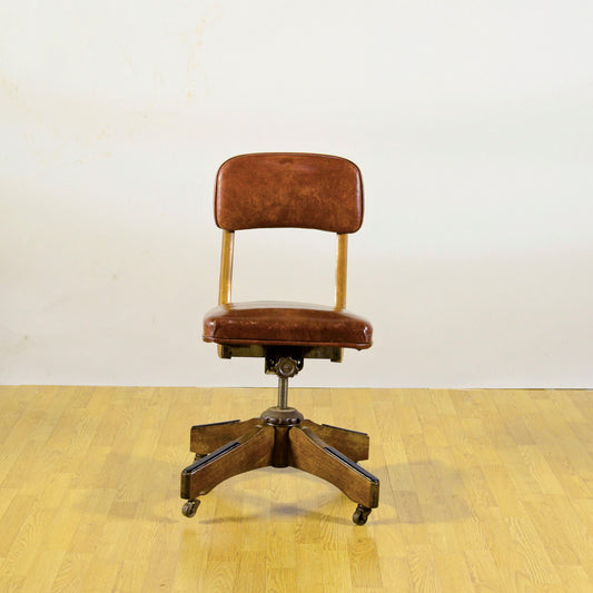 Sedia Girevole Da Ufficio D'epoca In Legno E Pelle Color Cuoio Primi 900