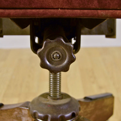 Sedia Girevole Da Ufficio D'epoca In Legno E Pelle Color Cuoio Primi 900