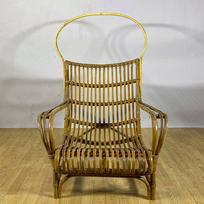 Poltrona Lounge high-back in bambù e rattan, design mediterraneo anni 60