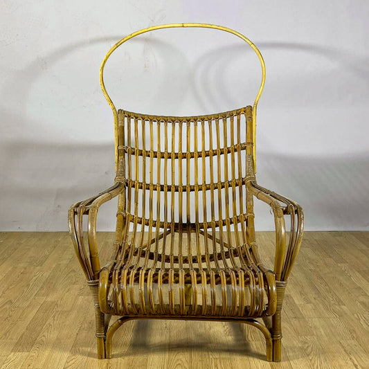 Poltrona Lounge high-back in bambù e rattan, design mediterraneo anni 60