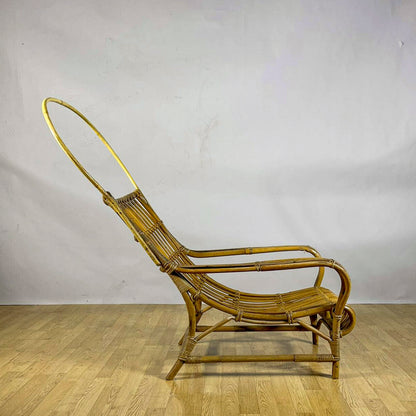 Poltrona Lounge high-back in bambù e rattan, design mediterraneo anni 60