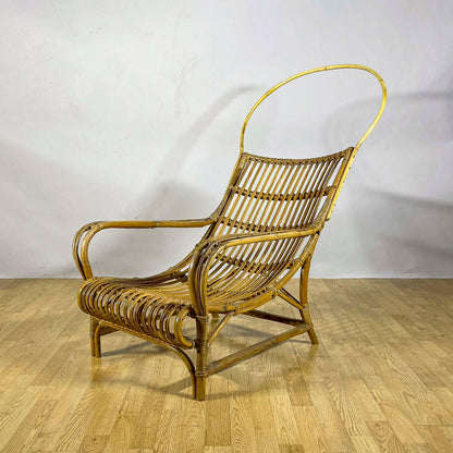 Poltrona Lounge high-back in bambù e rattan, design mediterraneo anni 60