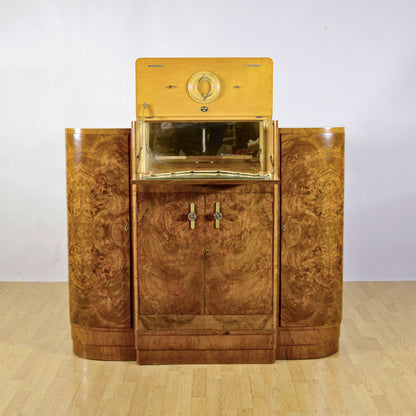 Mobile Bar Art Deco' In Radica Di Noce Pregiata Due Ante Laterali Una Grande Gentrale Inferiore E Una Superiore Anni 30