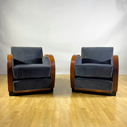 Coppia Poltrone Art Deco in Radica di Noce e velluto rigato Blu Navy anni 30