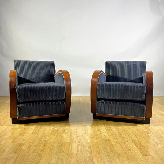 Coppia Poltrone Art Deco in Radica di Noce e velluto rigato Blu Navy anni 30