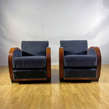 Coppia Poltrone Art Deco in Radica di Noce e velluto rigato Blu Navy anni 30