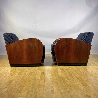 Coppia Poltrone Art Deco in Radica di Noce e velluto rigato Blu Navy anni 30