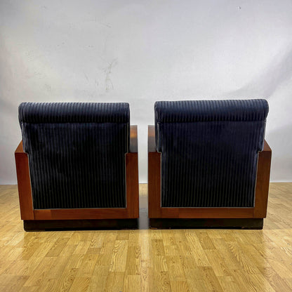 Coppia Poltrone Art Deco in Radica di Noce e velluto rigato Blu Navy anni 30