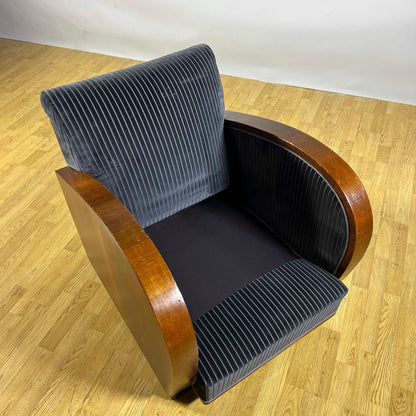 Coppia Poltrone Art Deco in Radica di Noce e velluto rigato Blu Navy anni 30