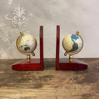 Fermalibri Con Mappamondi In Legno Di Mogano Laccato E Asse In Ottone Con Globi Impreziositi Da Minerali Anni 80