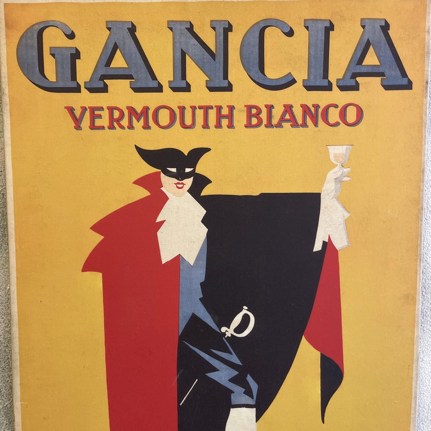 Manifesto Pubblicitario Gancia Vermouth Bianco su tela realizzato da Colmo Eugenio detto Golia per Gancia nel 1929