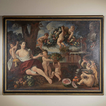 dipinto olio su tela scena campestre dama con putti