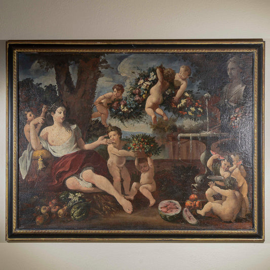 dipinto olio su tela scena campestre dama con putti