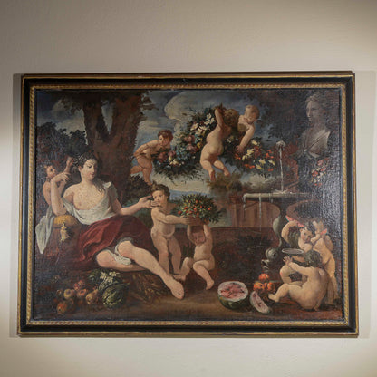 dipinto olio su tela scena campestre dama con putti