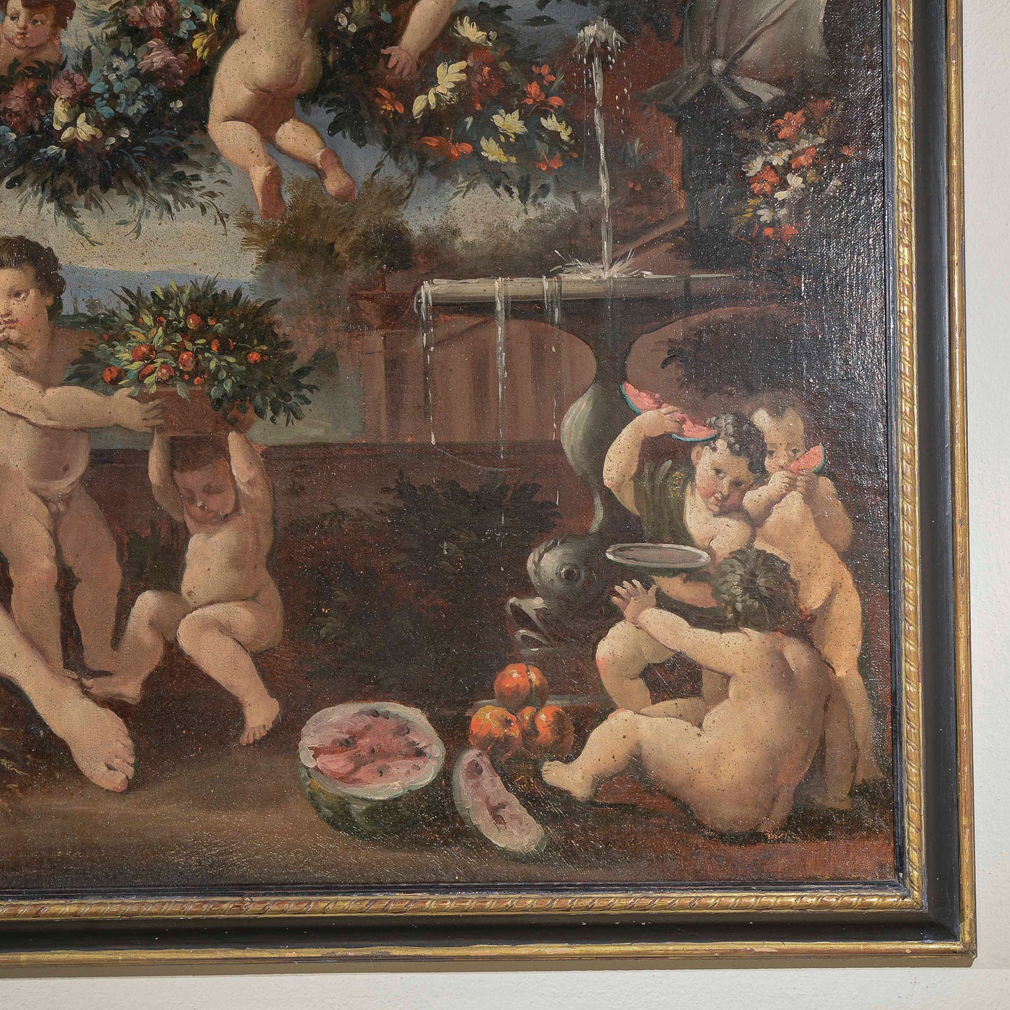 dipinto olio su tela scena campestre dama con putti