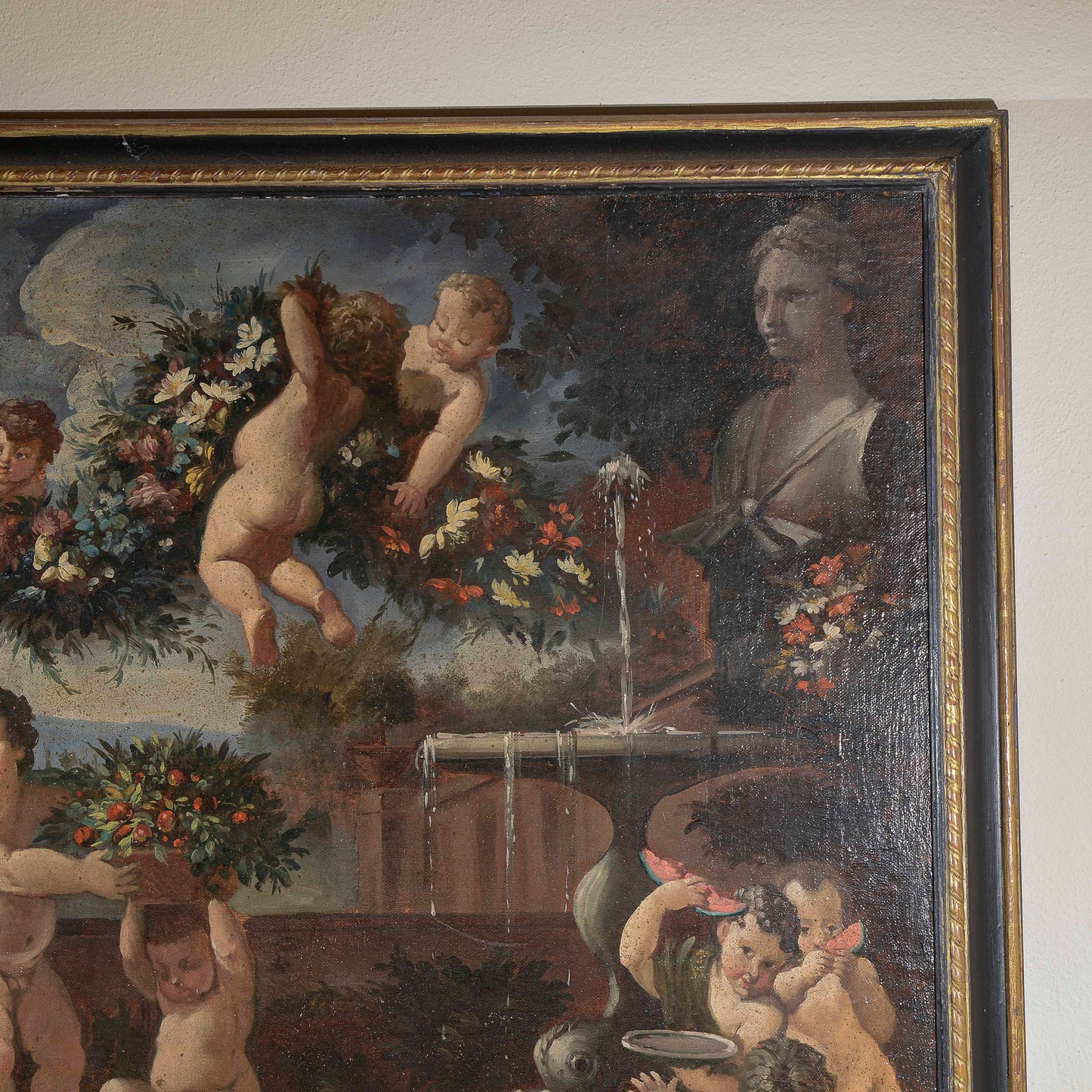 dipinto olio su tela scena campestre dama con putti