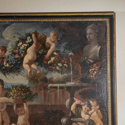 dipinto olio su tela scena campestre dama con putti