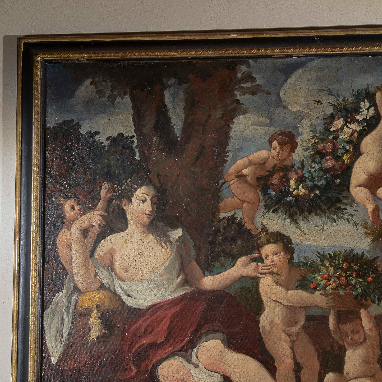 dipinto olio su tela scena campestre dama con putti