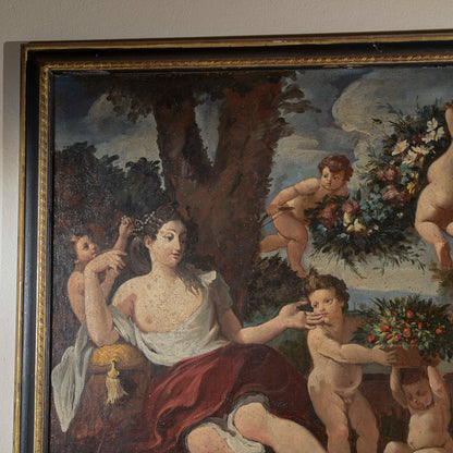 dipinto olio su tela scena campestre dama con putti